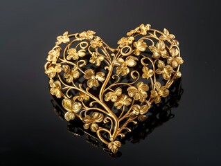 gold heart-shaped brooch displayed on black background