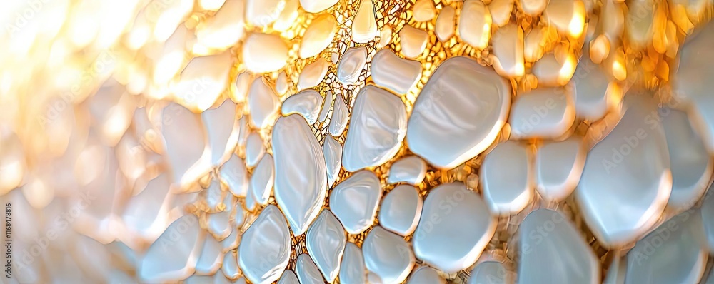 Poster Mosaic abstract background concept. A close-up view of delicate translucent bubbles with a golden glow.