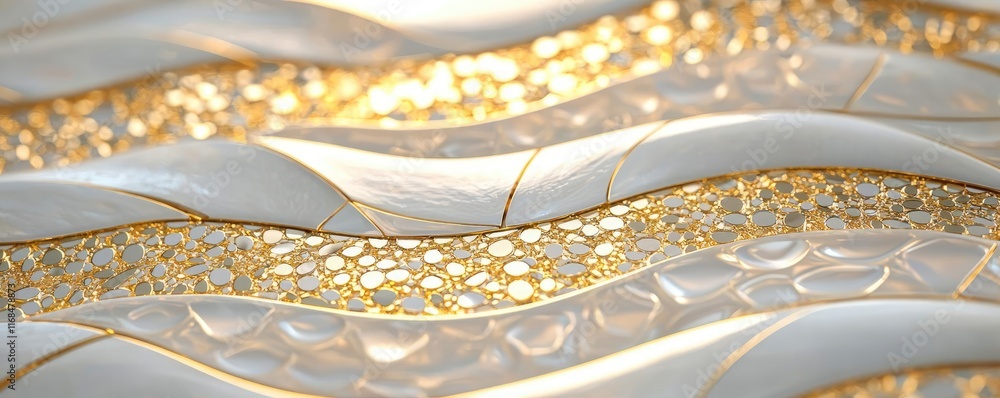 Poster Mosaic abstract background concept. Elegant abstract pattern with white curves and golden textures for artistic design.