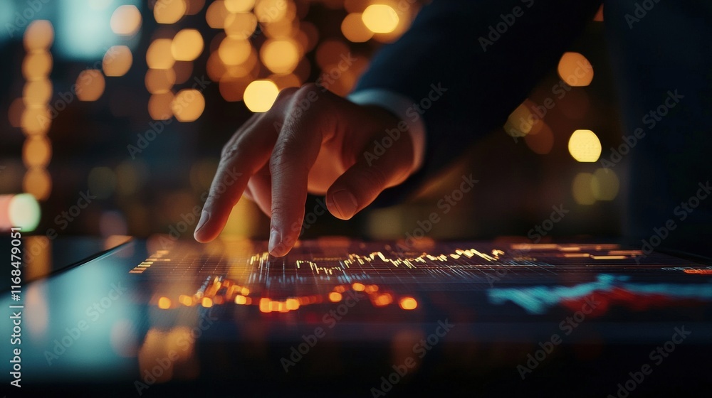 Aufkleber a hand interacting with a digital financial interface showcasing data visualization.