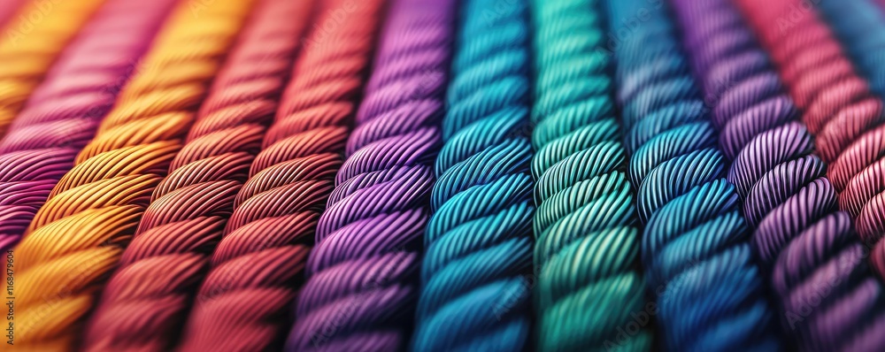 Poster Rainbow abstract background concept. A vibrant collection of colorful ropes neatly arranged in a striped pattern.
