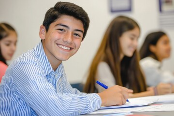 A smiling student engaged in classwork with peers in the background.