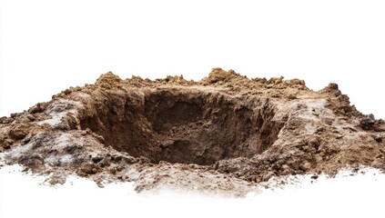 Excavated hole, dirt pile, ground, soil.