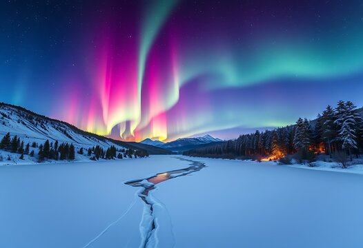 Vibrant Aurora Borealis Winter Landscape Frozen River Mountains - Powered by Adobe