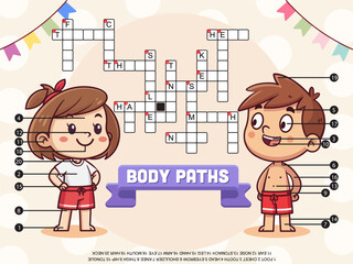 Crossword in English, education game for children about boy and girl body, Body parts crossword, English cross word with external organs names Vector illustrator
