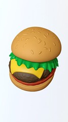 A colorful, cartoon-style hamburger with lettuce, cheese, and a sesame seed bun.