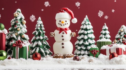 festive holiday display featuring dapper snow fellow, delightful green cookie trees, elegant kraft paper present, sweet gingerbread house, miniature ornament laden evergreen, pure white snow banks,