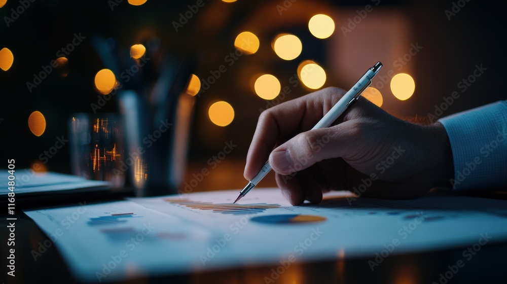 Poster a professional analyzing data and making notes in a dimly lit office space.