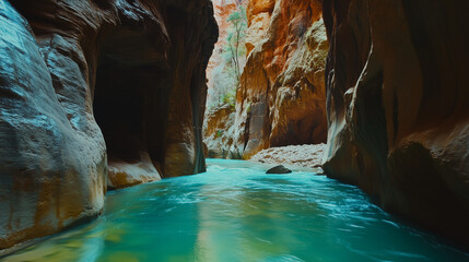 Turkusowe wody rzeki wiją się spokojnie między skałami kanionu, podkreślając harmonię natury.
