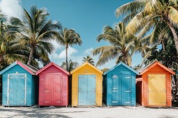 Naklejka premium Colorful Beach Huts Surrounded by Palm Trees