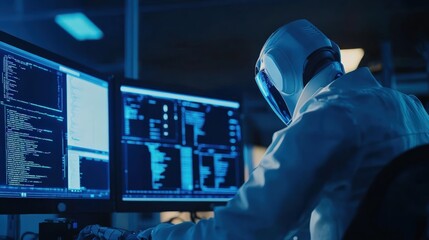 A scientist in a high-tech lab analyzes complex data on multiple computer screens.