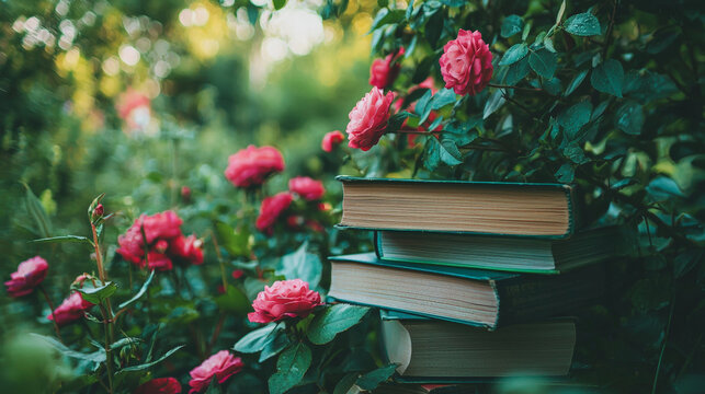 Stack of gardening books surrounded by vibrant pink flowers in garden