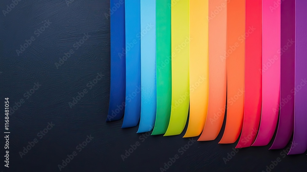 Poster rainbow abstract background concept. colorful ribbons arranged in a vibrant spectrum on a dark backg