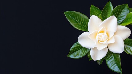 Obraz premium A white flower with green leaves on a dark background.