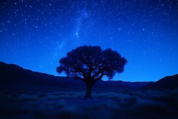 Lone tree silhouetted against a starry night sky.