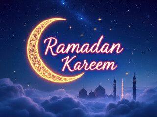Ramadan kareem celebration featuring illuminated crescent moon and stars