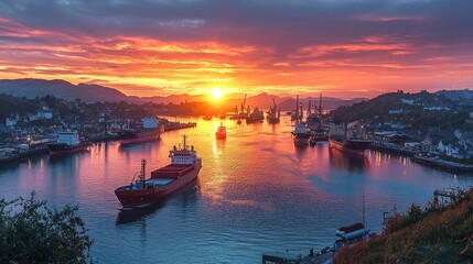 Fototapeta premium Scenic Sunset Over Harbor with Ships and Vibrant Colors