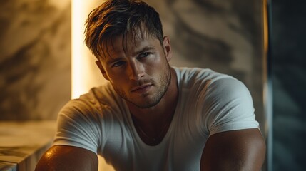 Handsome man with intense gaze, sitting in dimly lit room.
