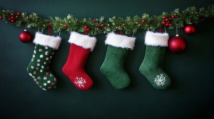 Christmas Stockings Hanging from Festive Garland Against Dark Green Background..