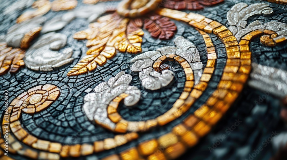 Poster Mosaic abstract background concept. Detailed close-up of an intricate mosaic design with vibrant colors and patterns.