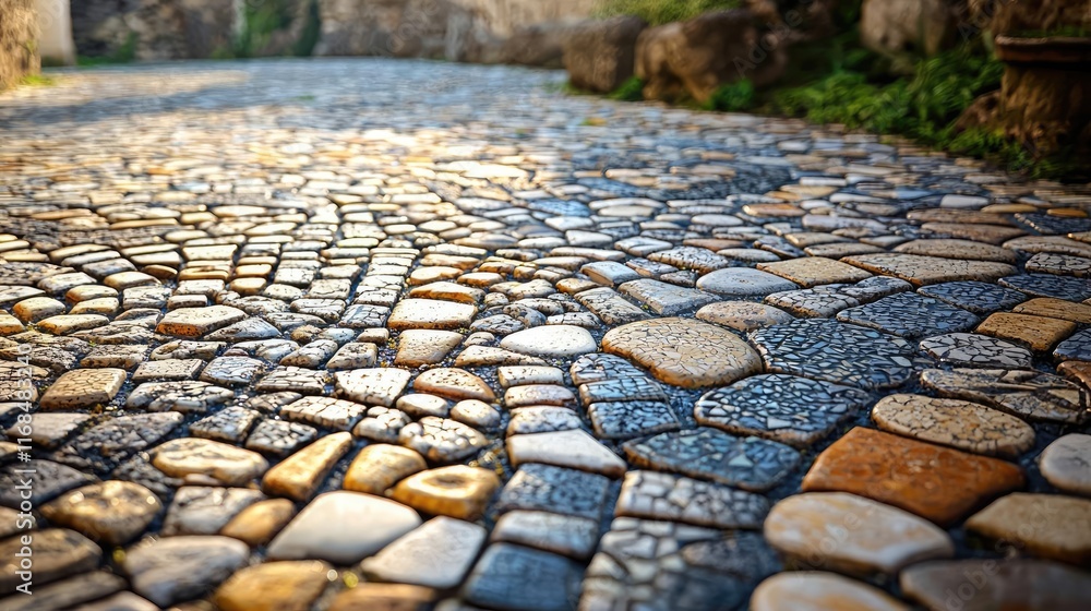 Poster Mosaic abstract background concept. A beautiful cobblestone path showcasing intricate patterns and natural textures.