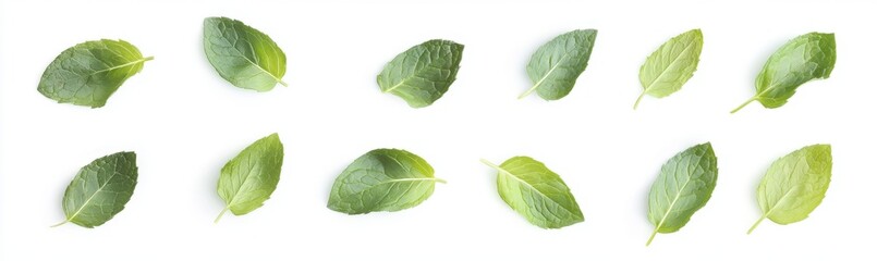 Obraz premium Fresh green basil leaves arranged on white background.