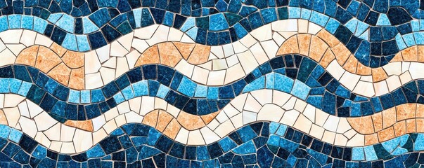 Mosaic abstract background concept. Colorful mosaic pattern featuring waves of blue, white, and orange tiles.