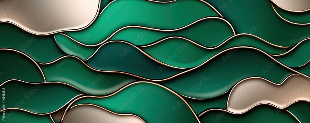Poster Mosaic abstract background concept. Abstract waves in green and gold colors, creating a smooth fluid design pattern.