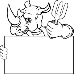 Gardener Rhino Cartoon Handyman Tool Mascot