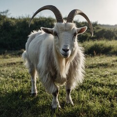 "A goat with large horns grazing on imaginary grass, white background."