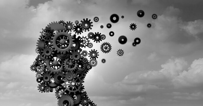 neurological disorder and Alzheimer disease as a neuropathology memory loss due to brain degeneration and decline as a surreal medical neurology illness concept.