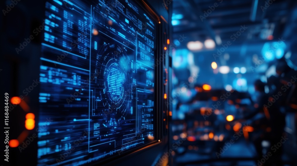Poster close-up of a computer screen displaying digital data and futuristic designs.