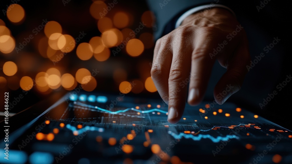 Poster close-up of a hand analyzing financial data on a digital tablet with colorful graphs.