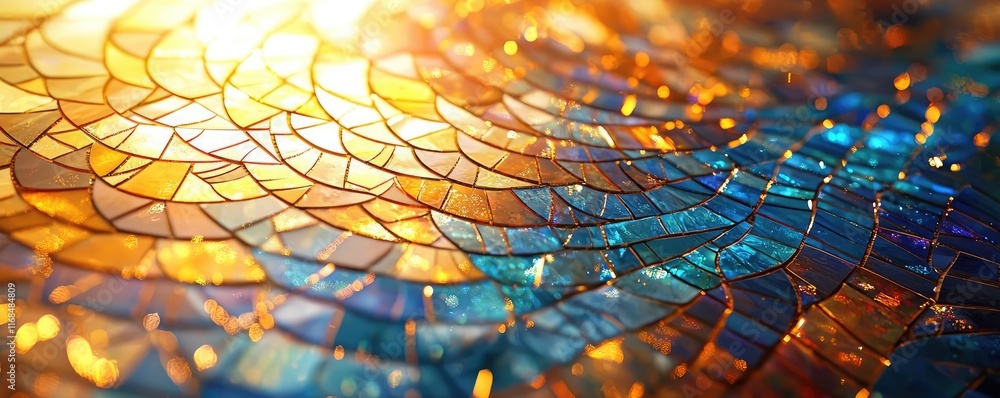 Poster Mosaic abstract background concept. Colorful mosaic pattern with shimmering light reflecting on textured tiles.