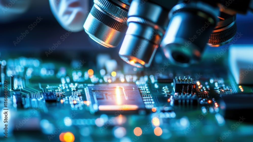 Poster close-up of a microscope examining a computer circuit board with glowing components.