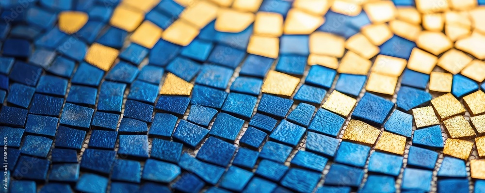 Poster Mosaic abstract background concept. Vibrant blue and gold mosaic tiles create a stunning artistic pattern for design use.