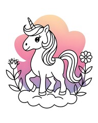 Fototapeta premium Unicorn Coloring Page for Kids, black and white vector illustration