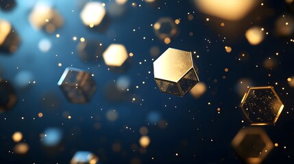 Golden Hexagonal Crystals Floating In Dark Blue Space