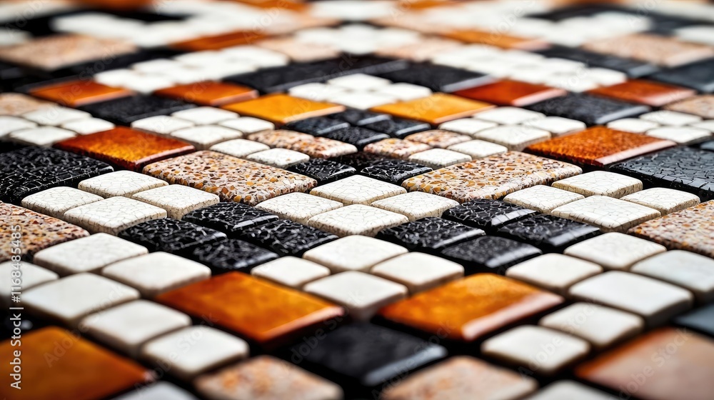 Poster Mosaic abstract background concept. A close-up view of an intricate mosaic pattern made from various colored tiles.