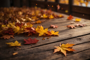 Falling maple leaf's on the empty wooden table top in autumn