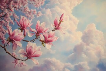 Pink magnolia blossoms against a dreamy sky.