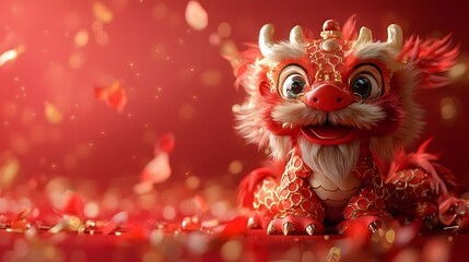 Fototapeta premium Adorable 3D Chinese New Year Dragon Mask with Copyspace on Red Background