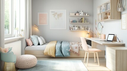 Cozy and Stylish Bedroom Interior with Desk and Soft Color Palette