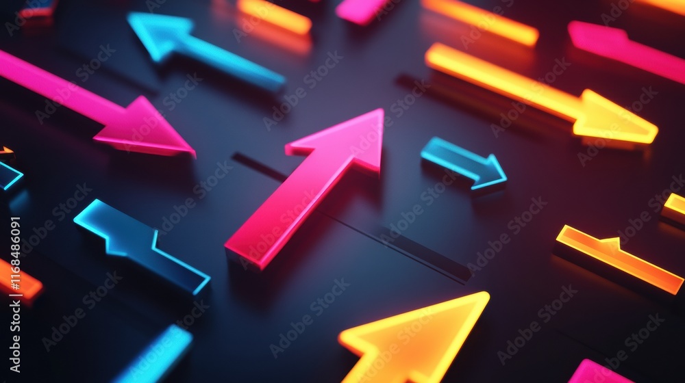 Poster a creative display of arrow symbols arranged in an abstract geometric pattern with bright neon accen
