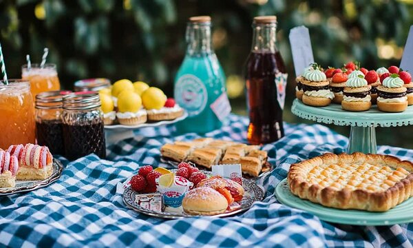 Colorful Summer Dessert Table with Assorted Sweets, Refreshing Drinks, and Fresh Berries in a Lush Outdoor Setting Perfect for Celebrations and Gatherings