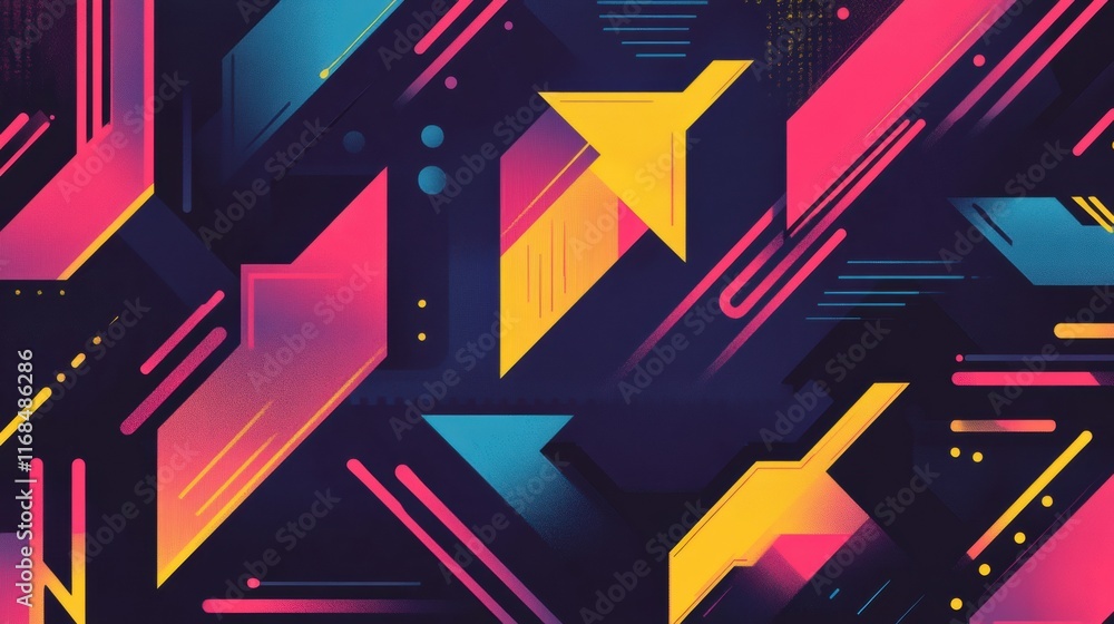Poster a creative display of arrow symbols arranged in an abstract geometric pattern with bright neon accen