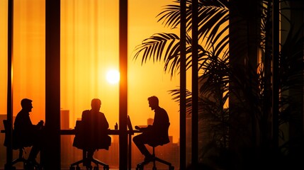 Obraz premium Silhouetted businesspeople in meeting at sunset.