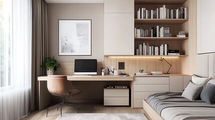 Fototapeta premium Modern Minimalist Home Office with Natural Light and Cozy Design