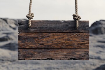 Rustic wooden sign hanging from ropes against a blurred mountainous backdrop.