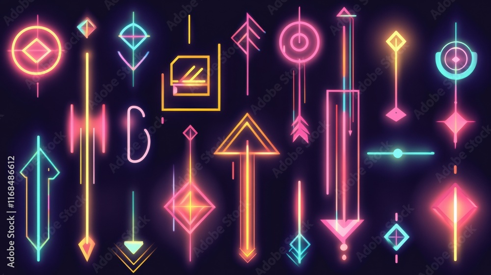 Poster a creative display of arrow symbols arranged in an abstract geometric pattern with bright neon accen